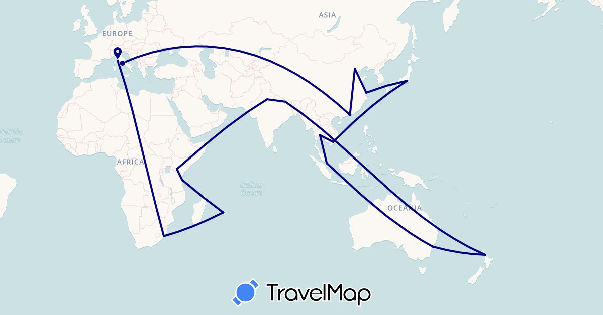 TravelMap itinerary: driving in Australia, China, India, Italy, Japan, Kenya, Mauritius, Nepal, New Zealand, Singapore, Thailand, Tanzania, Vietnam, South Africa (Africa, Asia, Europe, Oceania)